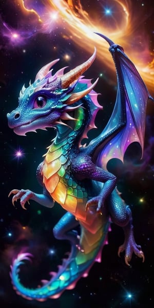 Floating Amongst the Stars A baby dragon with iridescent, cosmic-patterned scales drifts gracefully in the vacuum of space. Its eyes sparkle with stardust, and its tiny claws reach out toward a nearby planet's ring system, bathed in the light of a distant sun.