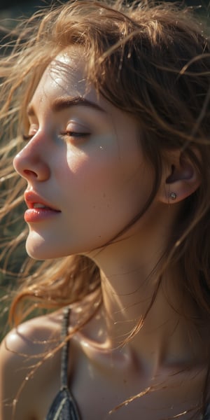 Close-up of a woman with effortless beauty, her hair flowing freely, no visible makeup, with her face lightly kissed by sunlight, creating a soft, ethereal glow, and a muted, blurred nature background.
