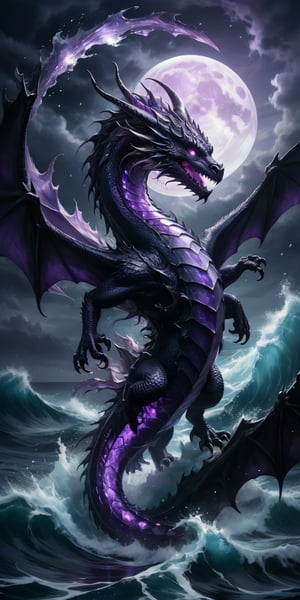 A dragon with shimmering amethyst scales gliding over a dark, turbulent sea. The moonlight catches on its scales, creating a dazzling display, while the turbulent waves and its fierce expression underscore its dangerous nature.
