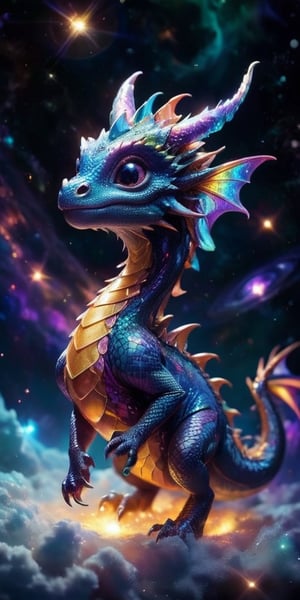 Floating Amongst the Stars A baby dragon with iridescent, cosmic-patterned scales drifts gracefully in the vacuum of space. Its eyes sparkle with stardust, and its tiny claws reach out toward a nearby planet's ring system, bathed in the light of a distant sun.