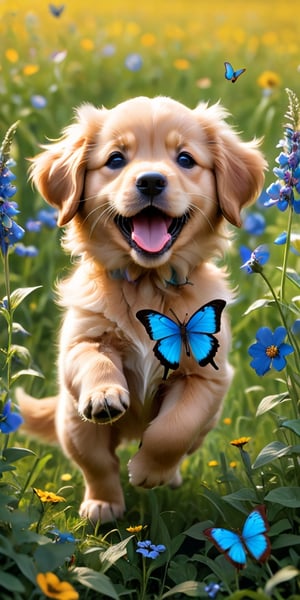 A fluffy golden retriever puppy, no bigger than a teacup, playfully chases a vibrant blue morpho butterfly through a field of wildflowers. The puppy's tongue lolls out in excitement, and its short legs pump as it bounces through the colorful meadow.
 
