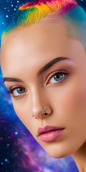 A close-up portrait of a woman with a shaved head and a confident gaze. She has a variety of piercings adorning her ears and eyebrow. The background is a swirling galaxy filled with vibrant colors.
 
