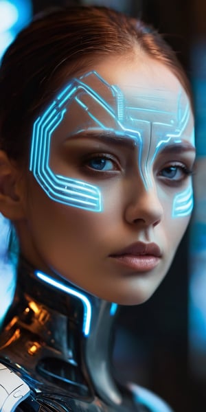 A close-up portrait of a woman with cybernetic enhancements, glowing blue lines tracing patterns across her cheekbone. Her expression is one of quiet strength. The background is a dark, metallic cityscape.
 
