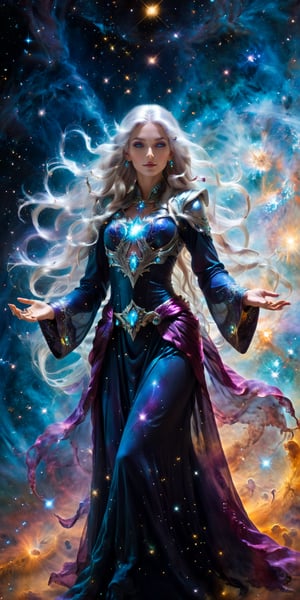 Stellar Sorceress A mesmerizing woman with long, silver hair, dressed in a flowing, ethereal robe that glows with the colors of the universe. She hovers in space, surrounded by swirling galaxies and planets, with her hands outstretched, manipulating cosmic energy.
