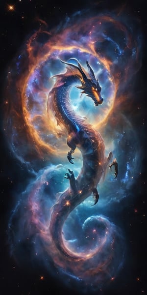 A cosmic dragon, its body a swirling vortex of stars and galaxies, with nebulae glowing softly within its translucent wings. It roars silently into the void, a beacon of majestic power and otherworldly beauty in the infinite expanse of space.
