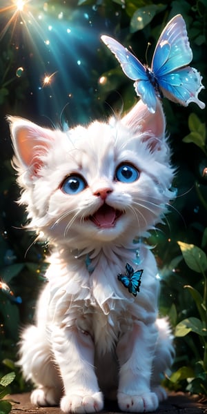 close-up portrait of a fluffy white kitten gazing upwards with wide, curious eyes. A butterfly with wings of iridescent blue flutters just above the kitten's head, its delicate form reflected in the kitten's shiny pupils. The image captures the innocence and wonder of the kitten as it experiences the beauty of the natural world.
 
