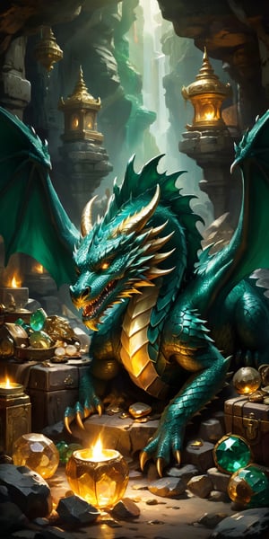 A majestic dragon with emerald-green scales lying protectively over a hoard of treasures in a dimly lit cavern. The gems and gold reflect its fierce beauty, while the shadows and flickering torchlight hint at the peril of approaching such a creature."
