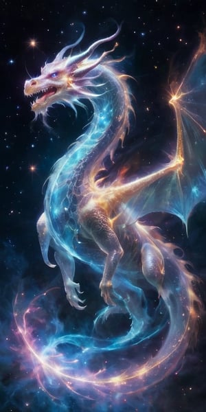 An ethereal dragon, translucent and shimmering like a ghostly apparition, its form outlined by the glow of distant stars. It soars through the void of space, leaving a trail of sparkling stardust in its wake, its eyes glowing with ancient wisdom as it navigates the cosmos.
