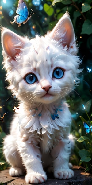 close-up portrait of a fluffy white kitten gazing upwards with wide, curious eyes. A butterfly with wings of iridescent blue flutters just above the kitten's head, its delicate form reflected in the kitten's shiny pupils. The image captures the innocence and wonder of the kitten as it experiences the beauty of the natural world.
 
