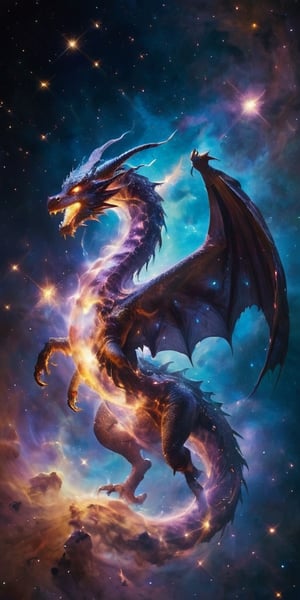 A cosmic dragon, its body a swirling vortex of stars and galaxies, with nebulae glowing softly within its translucent wings. It roars silently into the void, a beacon of majestic power and otherworldly beauty in the infinite expanse of space.
