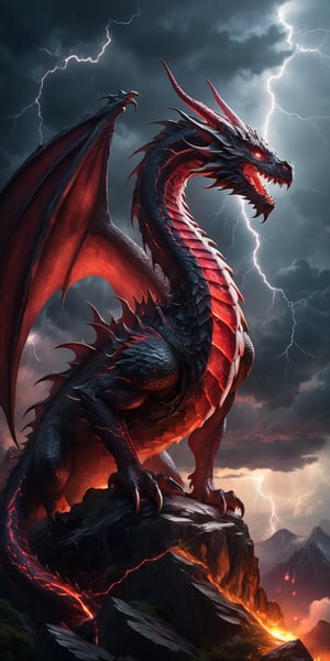 A colossal dragon with gleaming ruby scales perched on a mountain peak under a stormy sky. Lightning illuminates its menacing silhouette, highlighting the sharpness of its claws and the lethal grace in its powerful form.
