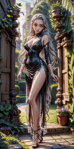 Women , cute face,(black blue long hair),More Detail,    (long silver dress), background garden ,Nice legs and hot body