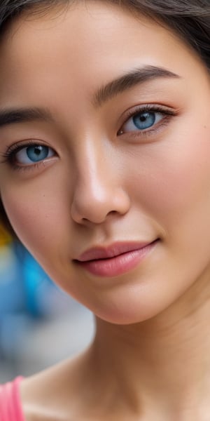 A close-up portrait of a woman with Asian features, her eyes crinkled at the corners from smiling. She has short, dark hair with streaks of pink and blue. The background is a bustling city street scene.

