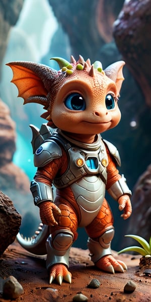 Space Adventure A baby dragon wearing a tiny spacesuit explores the surface of a mysterious planet. Behind it, a spaceship hovers, ready to take off. The dragon's curiosity is evident as it examines strange, glowing rocks and alien plants.