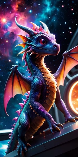 Baby Dragon on a Space Station Balcony A majestic baby dragon with shimmering scales stands on a balcony of a futuristic space station, gazing at the vast expanse of stars and colorful nebulae. Its wings are slightly spread, catching the glow of distant galaxies.