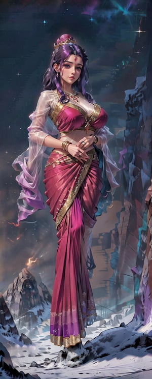 Women,gigantic_breast, wearing purple saree, full saree, gl4ss, fancy crowne,  long purple hair,