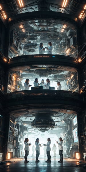 A diverse group of women scientists huddle around a console, their lab a symphony of futuristic equipment and glowing displays. The air crackles with excitement as they collaborate on a groundbreaking experiment, their shared passion and intellect fueling their quest to push the boundaries of human knowledge and innovation.
 
