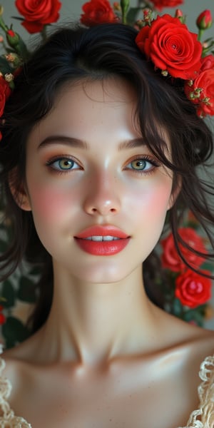 A close-up portrait of a woman with deep green eyes and a serene smile. Her curly hair is adorned with a single red rose, and she wears a simple, cream-colored dress. The background features a softly blurred image of a vibrant rose garden.
