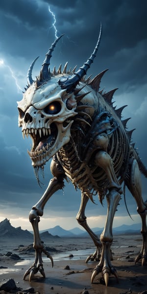 Bone Reaver A skeletal monstrosity with the body of a crustacean and the head of a saber-toothed cat. Its exoskeleton is covered in spiked protrusions, and its mandibles drip with a corrosive acid. Its eyes glow a haunting blue. The backdrop is a desolate wasteland under a sky filled with storm clouds and lightning.
