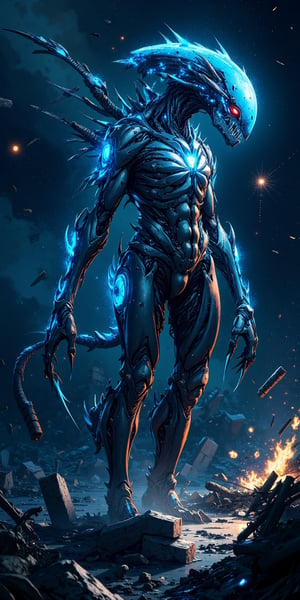 A biomechanical alien-monster hybrid, covered in sharp exoskeletons and glowing with an eerie blue light, slithering through the remains of a destroyed spaceship in the blackness of space.,Anime Style