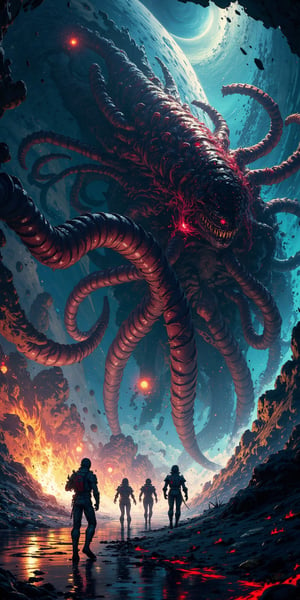 A monstrous alien-beast hybrid, with multiple twisted limbs and acidic saliva, emerging from a space rift to devour a crew stranded in their damaged starship.,Anime Style