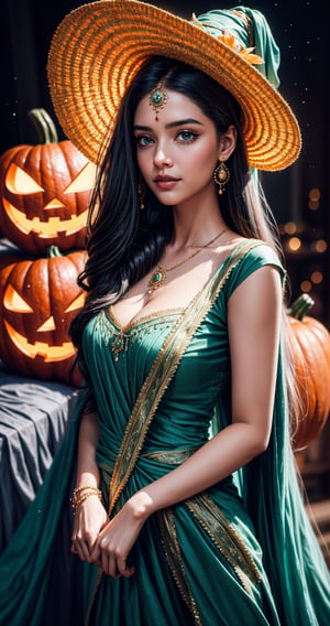 masterpiece,{{{best quality}}},(illustration)),{{{extremely detailed CG unity 8k ,Brilliant light,cinematic lighting,long_focus, indian, Women, Indian face (medium_breasts)High detailed, longhair, ghost in background , long hair ,looking_at_viewer,Halloween costume, midnight ,(Halloween:1.2),Halloween, green dress ,NodesTech