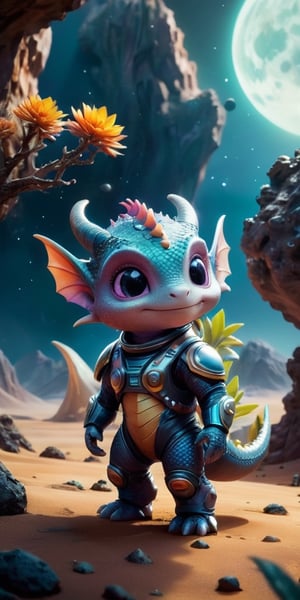 Space Adventure A baby dragon wearing a tiny spacesuit explores the surface of a mysterious planet. Behind it, a spaceship hovers, ready to take off. The dragon's curiosity is evident as it examines strange, glowing rocks and alien plants.