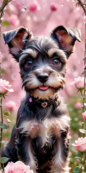 A close-up image of a Schnauzer puppy's face, framed by its wiry fur. The puppy's eyes sparkle with mischief as it fixates on a delicate pink butterfly fluttering in front of a rose bush. Dewdrops glisten on the rose petals, adding to the scene's charm.
