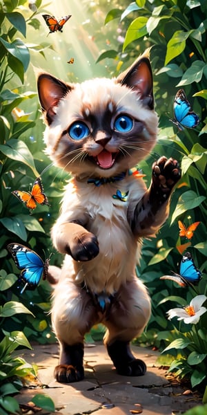  mischievous Siamese kitten, its bright blue eyes sparkling with amusement, stalks a butterfly with playful intent. The butterfly, a burst of orange and black against the green leaves, flits from flower to flower, just out of reach of the kitten's pouncing paws. The scene is filled with the energy of the chase, a delightful dance between predator and prey.
 
