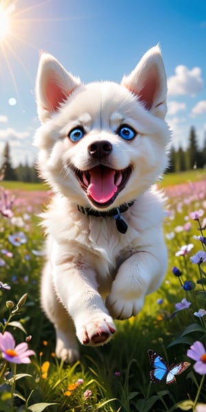 A Siberian husky puppy with piercing blue eyes and fluffy white fur, its playful energy boundless, bounds through a field of wildflowers, chasing a brightly colored butterfly. The puppy's pink tongue flops out in joyful exertion as it leaps and pounces, its soft fur catching the sunlight in a burst of white. The butterfly, with wings of vibrant orange and black, flits just out of reach, leading the energetic pup on a merry chase through the summer meadow.
