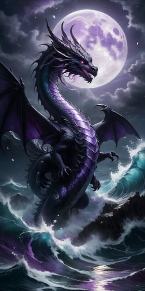 A dragon with shimmering amethyst scales gliding over a dark, turbulent sea. The moonlight catches on its scales, creating a dazzling display, while the turbulent waves and its fierce expression underscore its dangerous nature.
