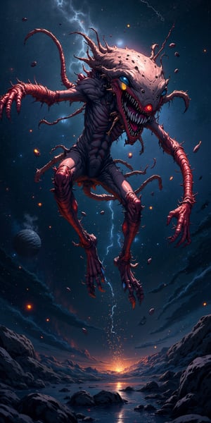 A terrifying fusion of alien and beast floating in zero gravity, its insectoid limbs covered in pulsating veins and jagged teeth as it drifts through a dark nebula.,Anime Style