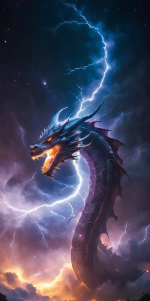 A dragon of pure energy, its body crackling with lightning-like tendrils of light that arc and twist around its sleek form. It flies through a field of shimmering auroras, its presence seemingly causing the lights to intensify, creating a stunning display of color and motion in the night sky.
