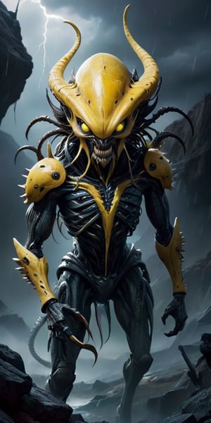 On a desolate, windswept alien landscape, a monstrous alien hybrid stalks its prey. Its body is covered in thick, leathery skin, with patches of armored plating providing additional protection. The creature moves on six powerful legs, each ending in razor-sharp claws that leave deep gouges in the rocky terrain. Its elongated head is adorned with multiple eyes that glow a menacing yellow, and its mouth is filled with rows of sharp, interlocking teeth. Along its back, a row of spiked ridges extends from its neck to its tail, which it uses to balance as it moves swiftly and silently. The alien sky is dark and stormy, with flashes of lightning illuminating the creature's terrifying form as it hunts, the wind carrying its low, guttural growls across the barren landscape.
