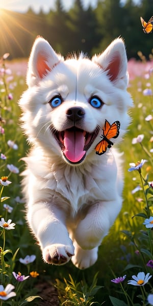 A Siberian husky puppy with piercing blue eyes and fluffy white fur, its playful energy boundless, bounds through a field of wildflowers, chasing a brightly colored butterfly. The puppy's pink tongue flops out in joyful exertion as it leaps and pounces, its soft fur catching the sunlight in a burst of white. The butterfly, with wings of vibrant orange and black, flits just out of reach, leading the energetic pup on a merry chase through the summer meadow.
