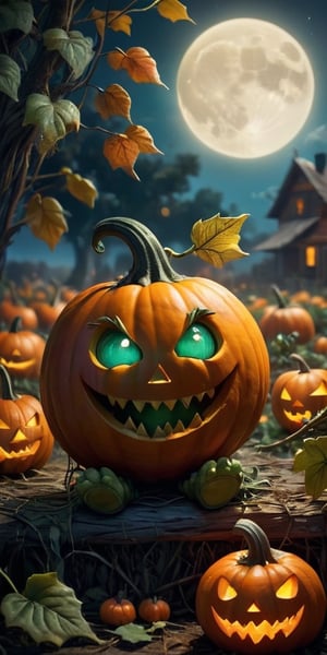 A baby pumpkin monster with a friendly grin, sitting in a pumpkin patch under a full moon. The monster has glowing eyes and leafy vines for hair. Jack-o'-lanterns with silly faces are scattered around the pumpkin patch.
