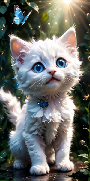 close-up portrait of a fluffy white kitten gazing upwards with wide, curious eyes. A butterfly with wings of iridescent blue flutters just above the kitten's head, its delicate form reflected in the kitten's shiny pupils. The image captures the innocence and wonder of the kitten as it experiences the beauty of the natural world.
 
