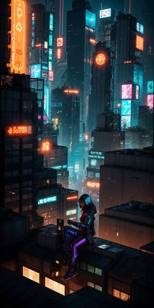 Gazing out at a cityscape bathed in the neon glow of holographic advertisements, a lone hacker sits perched on a rooftop. Her fingers dance across a holographic keyboard, her expression a mix of defiance and exhilaration as she cracks into the city's intricate digital infrastructure. In the shadows, she fights for freedom and justice in a world increasingly controlled by technology.
