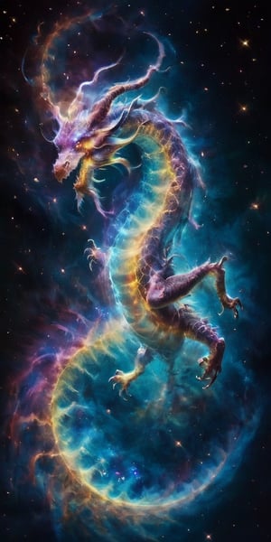 A celestial dragon, its body a tapestry of cosmic colors, adorned with glowing constellations that seem to dance across its scales. It coils around a glowing comet, its serpentine form framed by the vastness of space, with distant galaxies and nebulae painting a breathtaking backdrop.
