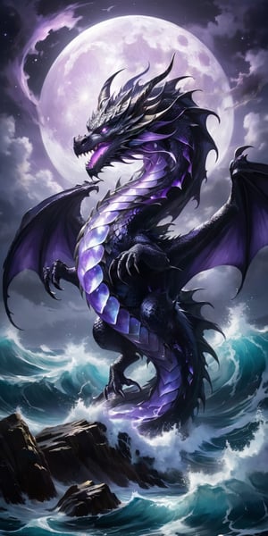 A dragon with shimmering amethyst scales gliding over a dark, turbulent sea. The moonlight catches on its scales, creating a dazzling display, while the turbulent waves and its fierce expression underscore its dangerous nature.
