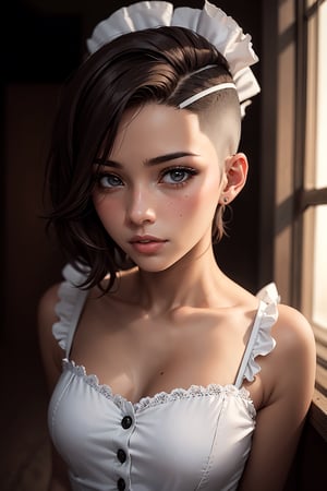 a 20 yo girl,cute,blushed,(mid-long light brown hair),sexy french maid dress,maid headband,small breasts,((madison beer:0.3), (barbara palvin:0.3), (karlie kloss:0.4)),(hi-top fade:1.3),blurred desaturated bokeh background,dark theme,soothing tones,muted colors,high contrast,(natural skin texture, hyperrealism, soft light, sharp),(close-up shot) artistic photoshoot,