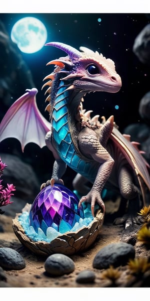 Hatchling in an Alien Nest On a barren moon's surface, a baby dragon emerges from an egg nestled in an alien nest made of glowing crystals and extraterrestrial flora. The dragon's scales reflect the light of the nearby gas giant, creating a mesmerizing display.