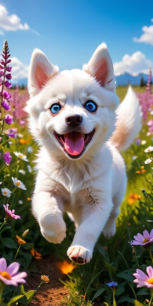 A Siberian husky puppy with piercing blue eyes and fluffy white fur, its playful energy boundless, bounds through a field of wildflowers, chasing a brightly colored butterfly. The puppy's pink tongue flops out in joyful exertion as it leaps and pounces, its soft fur catching the sunlight in a burst of white. The butterfly, with wings of vibrant orange and black, flits just out of reach, leading the energetic pup on a merry chase through the summer meadow.
