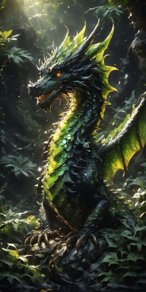 Craft a digital painting of a baby ebony dragon basking in the warm glow of sunlight. Give its scales a rich black color, accented with shimmering obsidian shards that catch the light. Depict sunlight filtering through lush foliage, casting dappled patterns on the dragon's back. Let the dark soil around the dragon be disturbed by tiny green sprouts pushing through, hinting at the fertile power the dragon possesses.
