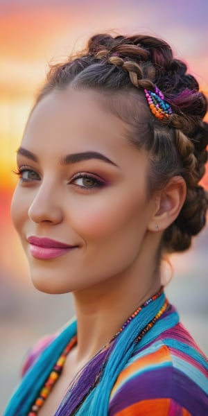 A close-up portrait of a woman with a gentle smile and kind eyes. Her hair is braided with colorful beads woven throughout. The background is a vibrant sunset, awash in hues of orange, pink, and purple.
