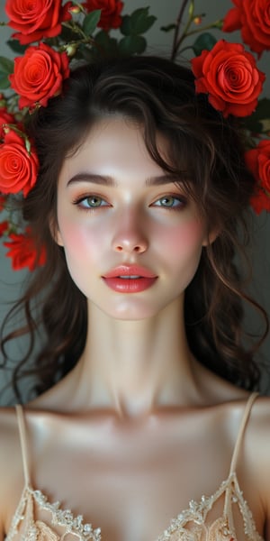 A close-up portrait of a woman with deep green eyes and a serene smile. Her curly hair is adorned with a single red rose, and she wears a simple, cream-colored dress. The background features a softly blurred image of a vibrant rose garden.
