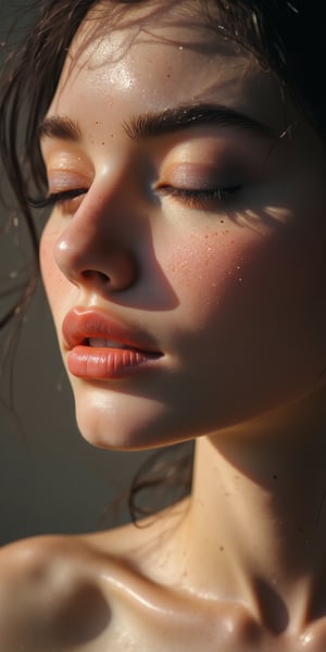 A woman’s close-up with subtle and elegant 
beauty, her eyes closed in a peaceful moment, gentle sunlight on her skin, with soft shadows giving depth to her expression, a neutral, faded background.


