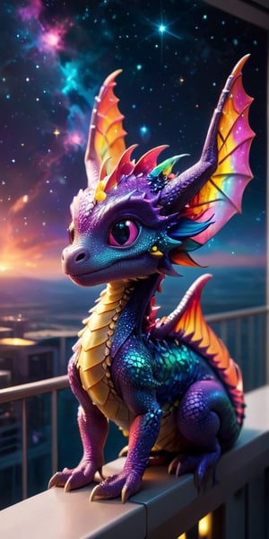 Baby Dragon on a Space Station Balcony A majestic baby dragon with shimmering scales stands on a balcony of a futuristic space station, gazing at the vast expanse of stars and colorful nebulae. Its wings are slightly spread, catching the glow of distant galaxies.