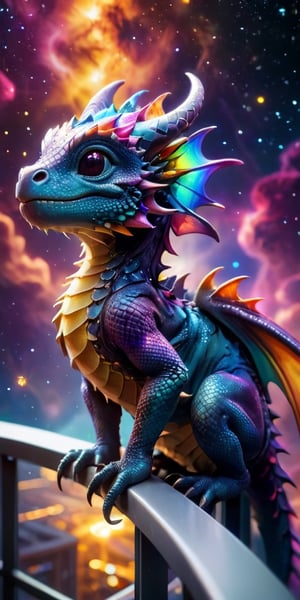 Baby Dragon on a Space Station Balcony A majestic baby dragon with shimmering scales stands on a balcony of a futuristic space station, gazing at the vast expanse of stars and colorful nebulae. Its wings are slightly spread, catching the glow of distant galaxies.