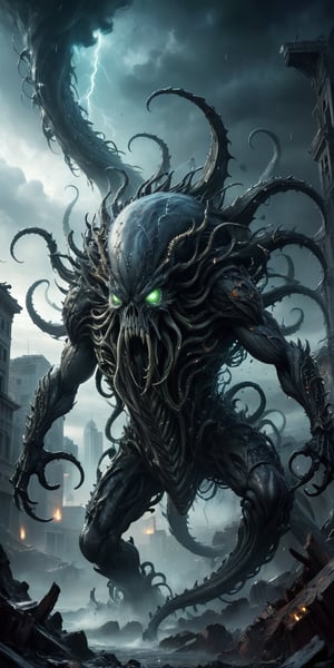 Vortex Spawn A creature with a swirling, tornado-like lower body and a torso covered in sharp, crystalline spikes. Its head is a writhing mass of tentacles, each tipped with a glowing eye. Its skin is a dark, stormy gray. The background features a devastated alien city, with ruins and debris scattered everywhere.
